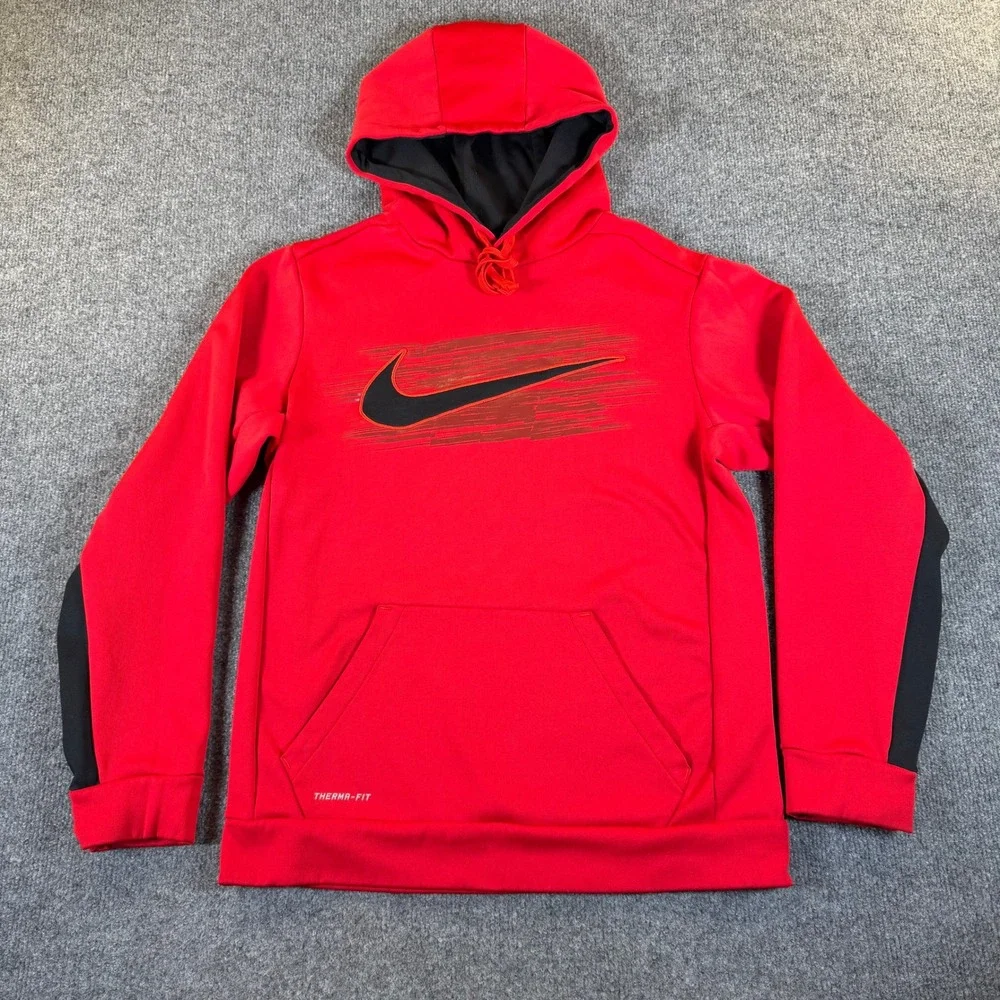 Nike Kids Red Therma-FIT Pullover Hoodie Swoosh Graphic Sweatshirt S #3271